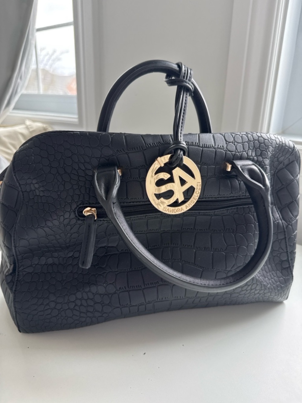 SA Black Croc-Embossed Satchel with Gold Medallion